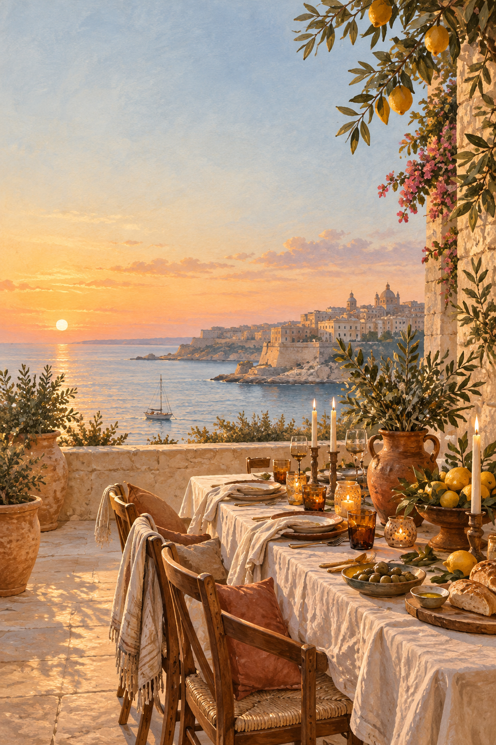 A golden Mediterranean terrace set for a long-table supper above the sea