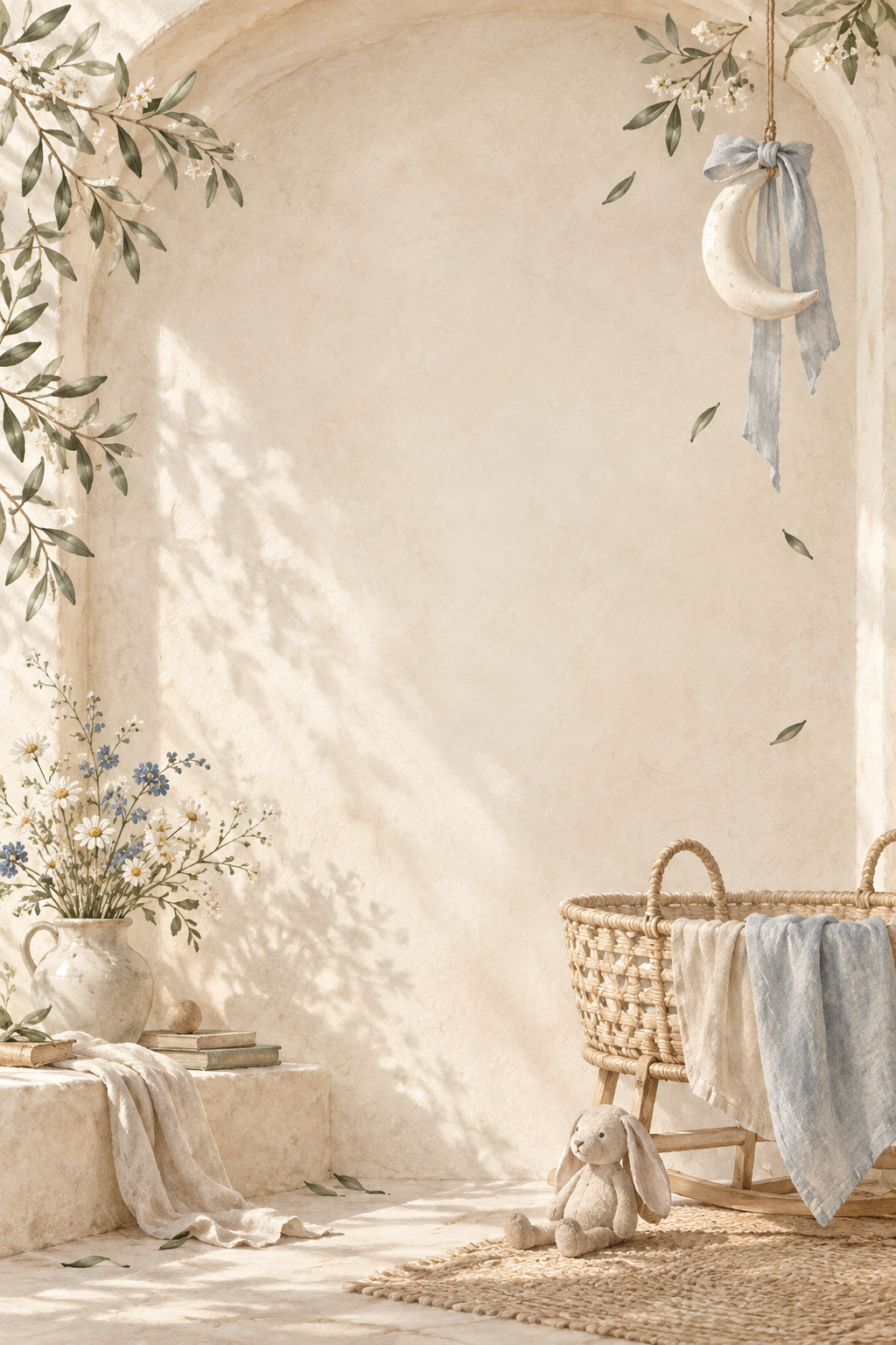 A serene botanical nursery still life with wildflowers, a ceramic moon and a woven bassinet