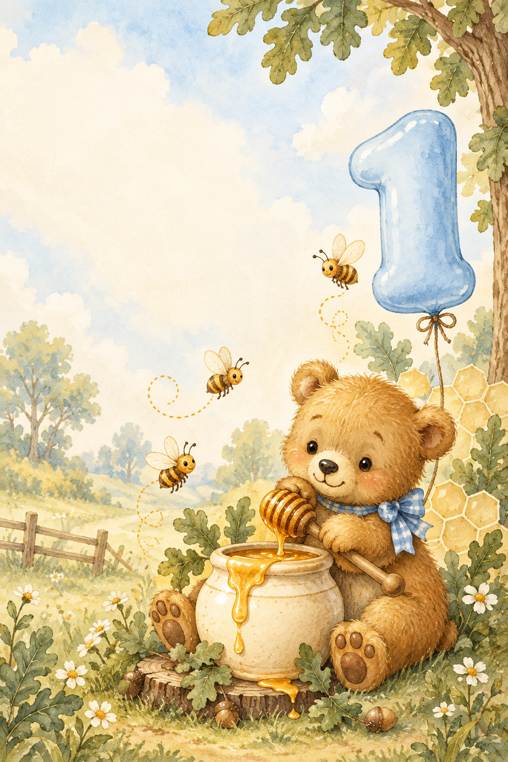 A gentle watercolor storybook scene with a golden bear cub, honey pot, friendly bees and a powder-blue number-one balloon