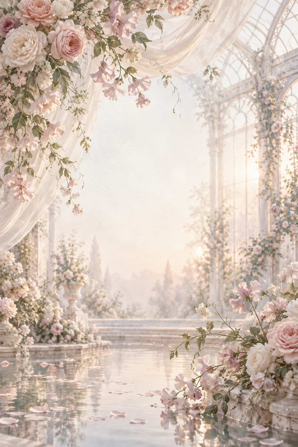 A luminous glasshouse framed with blush roses, silk drapery and a reflecting pool