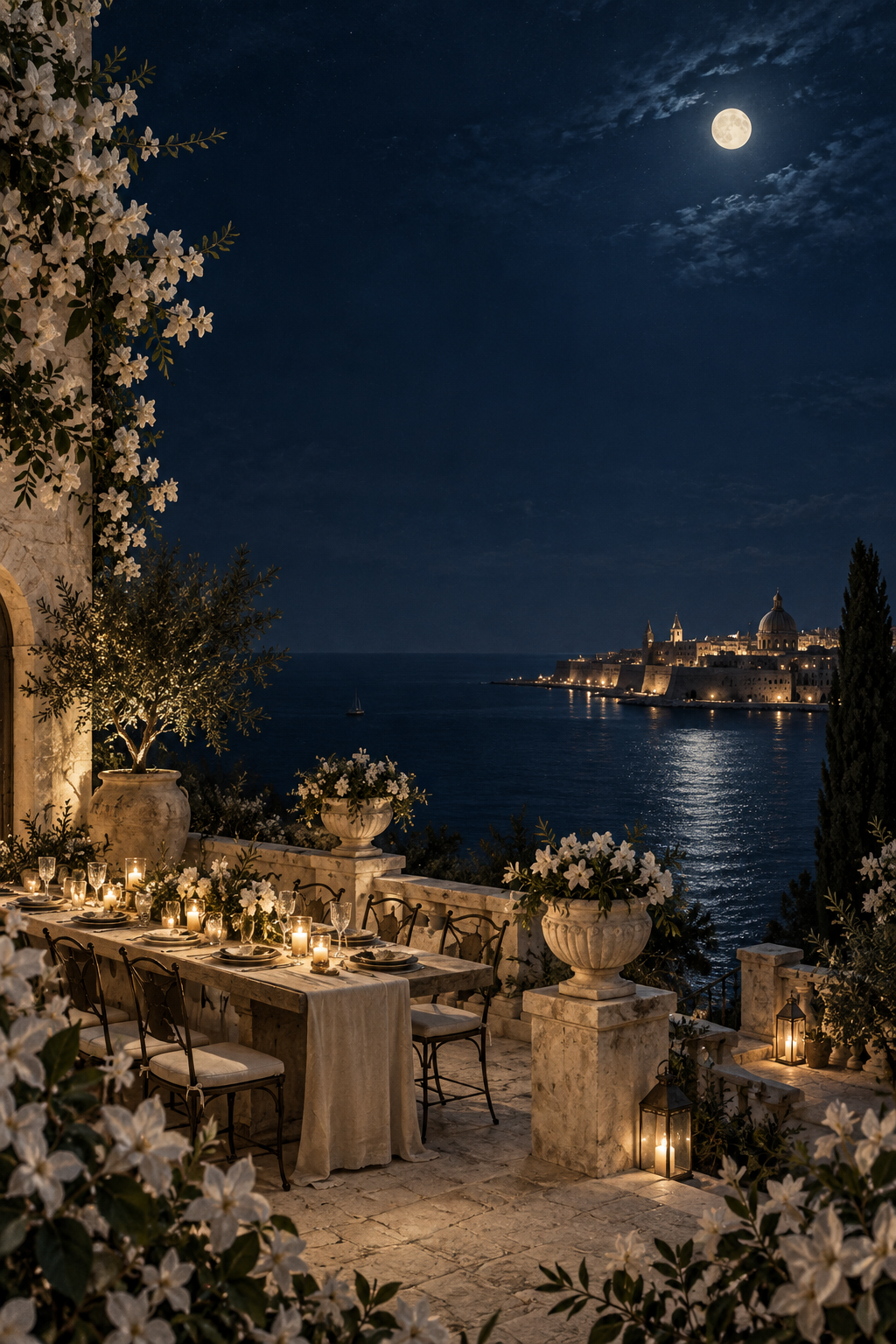 A moonlit Maltese terrace overlooking the sea, dressed with candles and white flowers