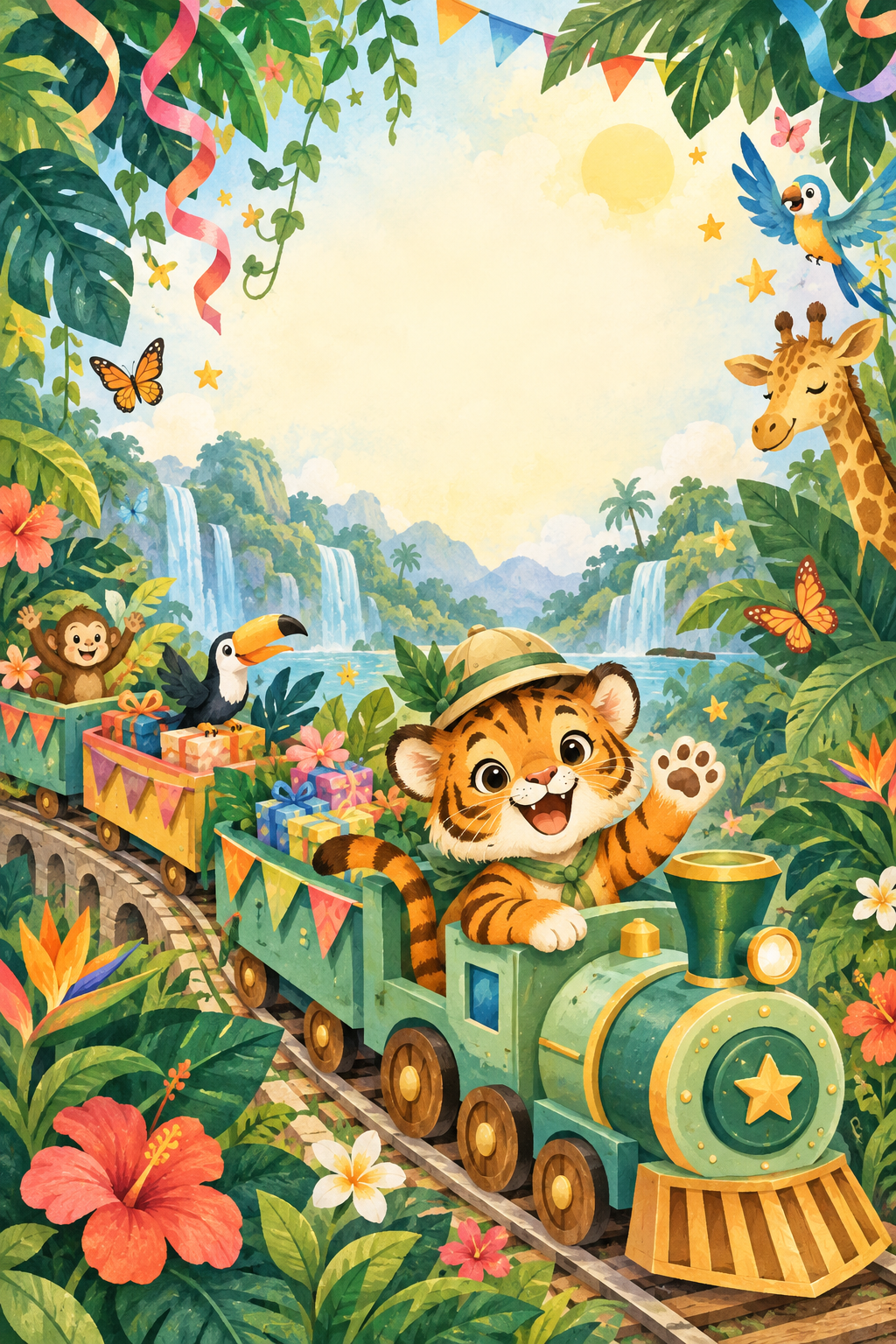 A friendly tiger cub driving a toy train through a bright illustrated birthday jungle