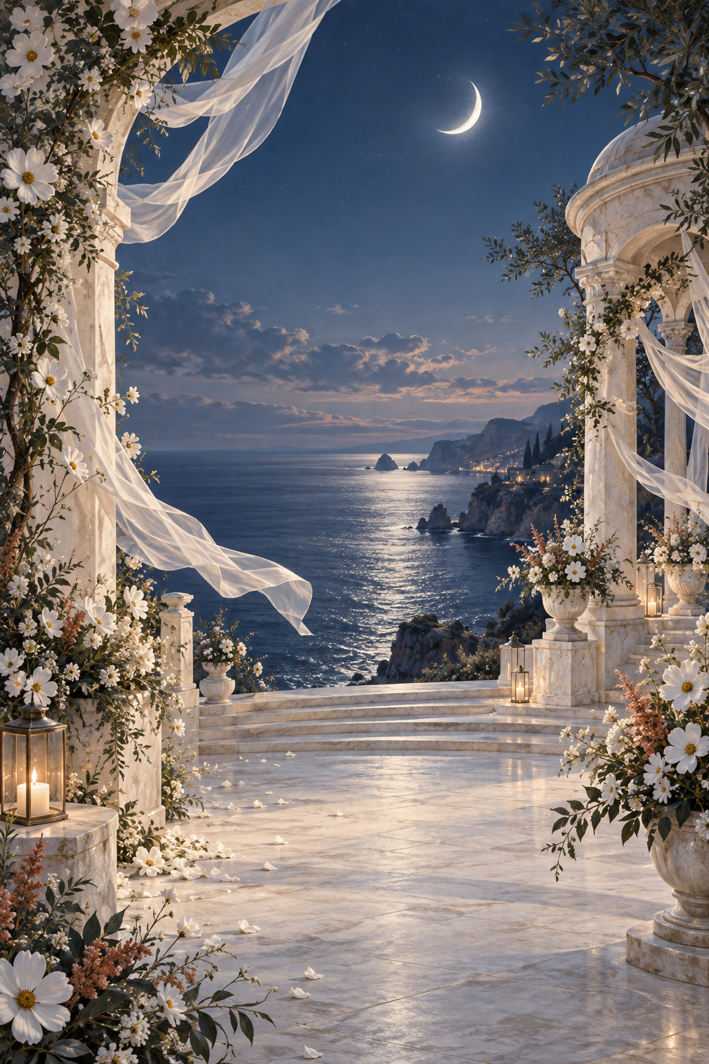 A moonlit white stone pavilion framing a quiet sea with flowers and flowing silk