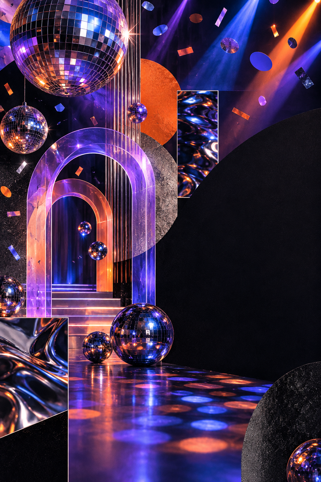 An electric mixed-media disco installation with mirrored spheres, vivid light and acrylic arches